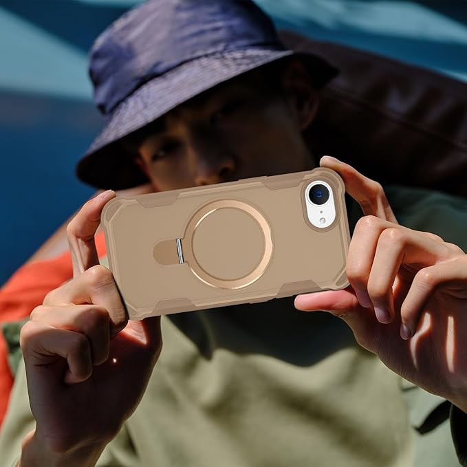 Designed for iPhone 16E Case with Magnetic Stand [Military Drop Protection][Compatible with Magnet] Shockproof 16E Phone Case with Ring Holder, Khaki