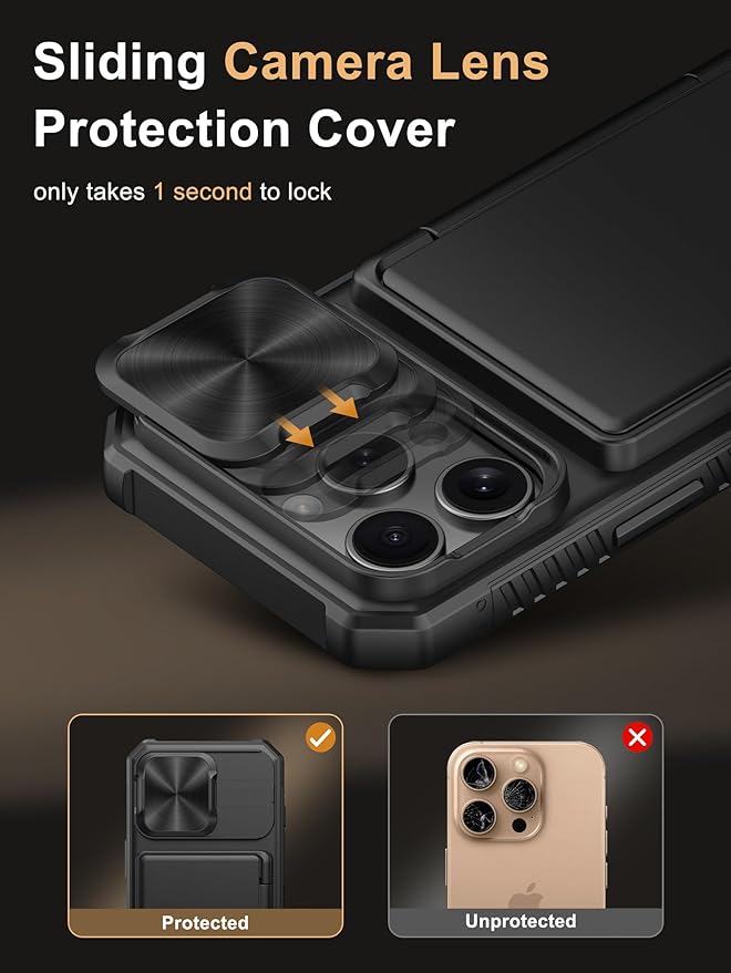 Vihibii for iPhone 16 Pro Case Wallet with Card Holder (4 Cards) [RFID Blocking] & Slide Camera Cover, Military Grade Drop Protection, Rugged Hard Back & Silicone Edge Phone Cover, 6.3" 2024, Black