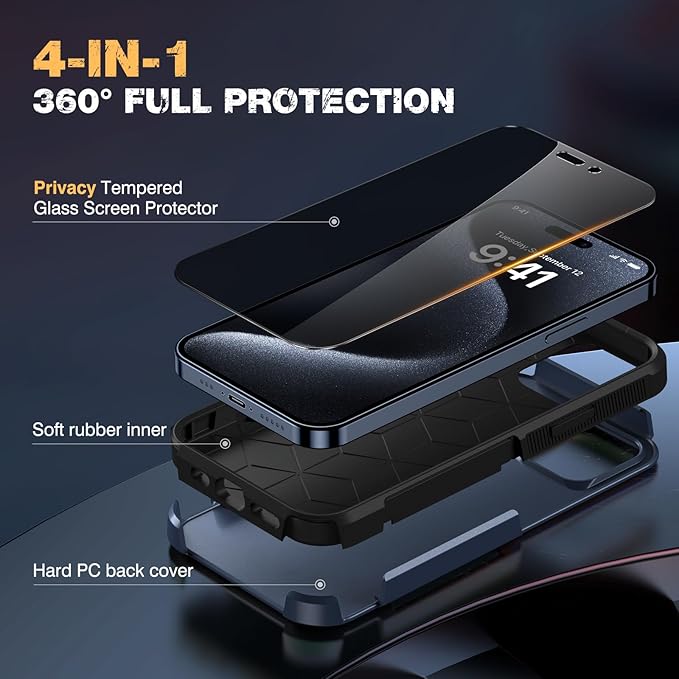 Diaclara Designed for iPhone 15 Pro Max Case, [with Privacy Screen Protector] [Anti Spy] [Military Grade Drop Protection] Heavy Duty Full-Body Shockproof Phone Case, Dark Blue