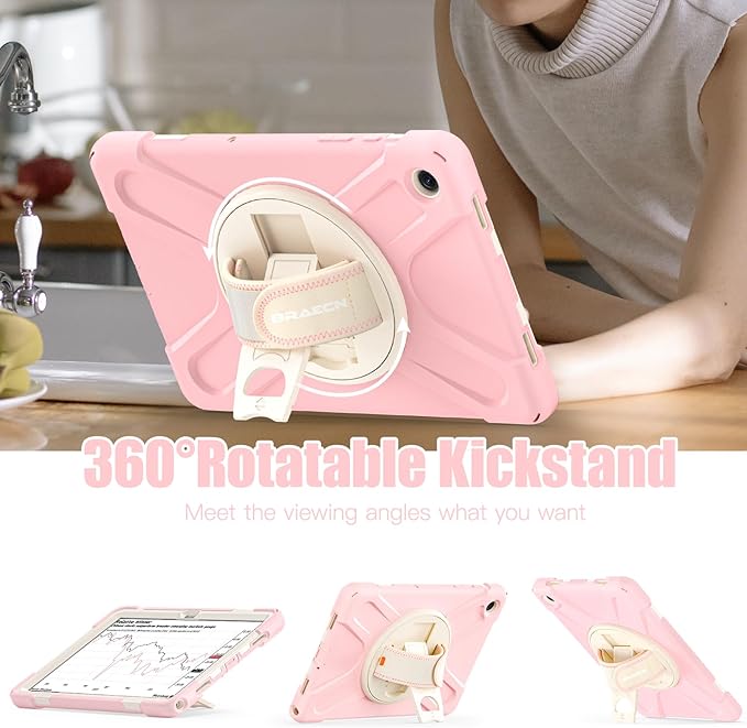 BRAECNstock Kids Case for Samsung Galaxy Tab A9+ Plus 11 inch (SM-X210/X216/X218) Shockproof Protective Tab A9+ 5G Case with Screen Protector Pen Holder [Rotating Hand Strap+Stand], Sakura Pink