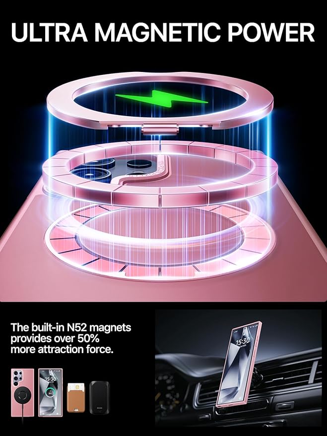 QTlier for Samsung Galaxy S24 Ultra - 360 Rotatable Magnetic Ring Stand Case, Military-Grade Protection, Raised Camera Frame, Pink