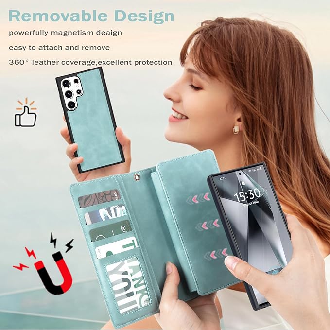 TwoHead for Samsung Galaxy S24 Ultra Wallet Case with Card Holder, Detachable Magnetic Phone Case for S24 Ultra,PU Leather All-Round Protective Phone Case Wallet with Wrist Strap,Blue