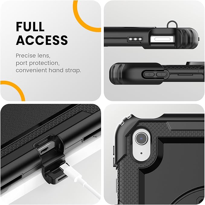 timecity for iPad (A16) 11th/ 10th Generation Case 11''/ 10.9 Inch (2025/2022) - Heavy Duty Protective Cover with Screen Protector, Stand, Shoulder Strap & Pencil Holder | Kids-Friendly - Black