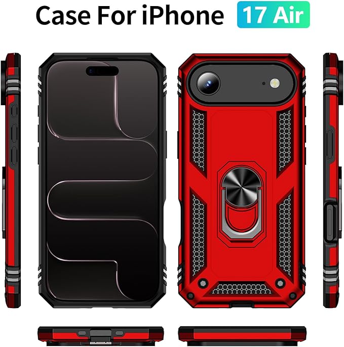 ADDIT Compatible with iPhone 17 Air Case with Tempered Glass Screen Protector, Adjustable Kickstand Ring, Military-Grade Heavy Duty Protection, Shockproof, Anti-Fingerprint,Red