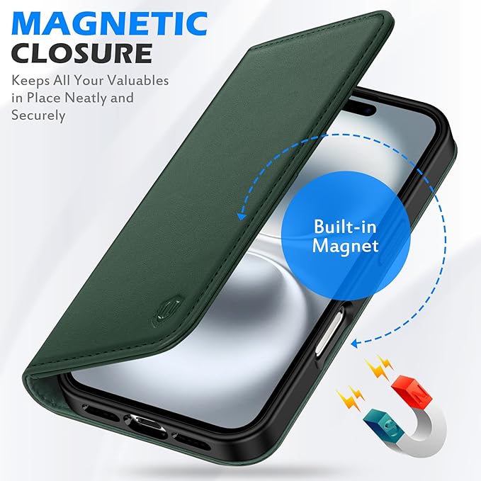 SHIELDON Case for iPhone 16 5G 2024, Genuine Leather Wallet Flip RFID Blocking Card Slot Kickstand Magnetic Shockproof TPU Phone Holder Case Compatible with iPhone 16 6.1" - Nappa Evergreen