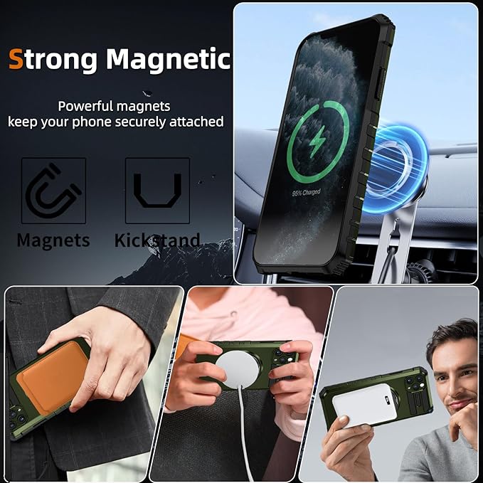 for iPhone 11 Pro Max Case Magnetic Compatible with Wireless Charging,11 Pro Max Case with 2 Screen Protector,Built-in Kickstand Ring Military Grade Drop Shockproof Heavy Duty Protection Green