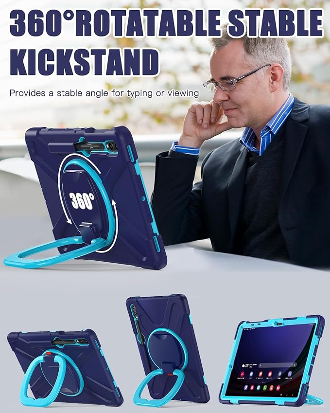 BRAECN Case for 12.4” Samsung Galaxy Tab S10+/ S9 FE+/ S9+/ S8+/ S7 FE/S7+ Plus, Rugged Silicone Cover w/S Pen Holder, Screen Protector, Handle Grip/Kickstand, Shoulder Strap, Navy Blue