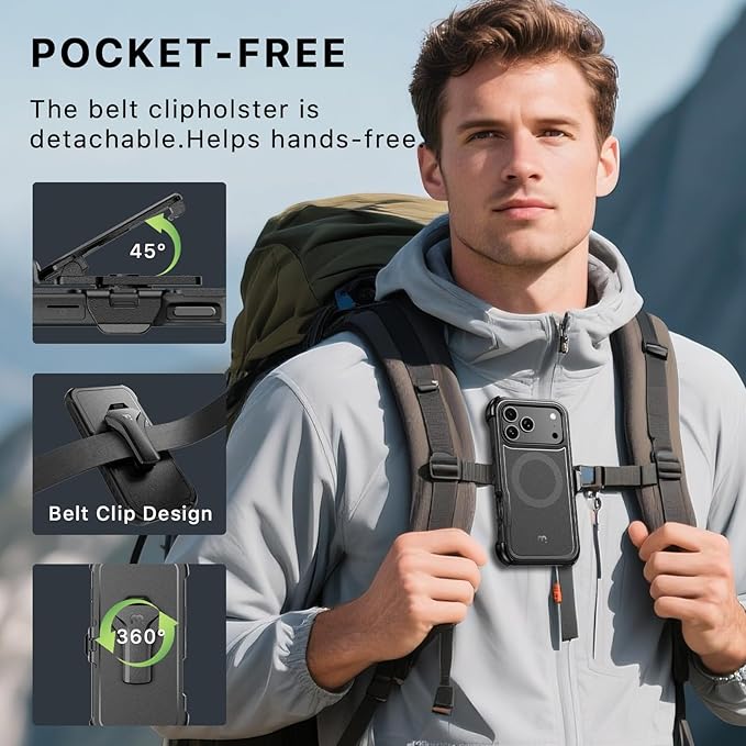 M MYBAT PRO For iPhone 17 Pro Max Case with Belt Clip Holster, Maverick Series 17 Pro Max Case[Compatible with Magsafe]w/Screen Protector,Anti-Drop,with 360°Rotating Kickstand,Heavy Duty Protection