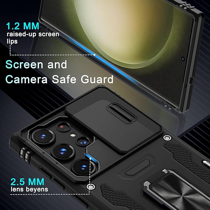 DEERLAMN Case for Samsung Galaxy S25 Ultra 6.9-Inch with Slide Camera Cover+Screen Protector, Rotated Ring Kickstand Military Grade Drop Protection Shockproof Protective Cover-Black