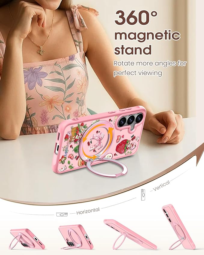 for Samsung Galaxy S25 Case with 360° Rotatable Magnetic Ring - Compatible with MagSafe, Semi-Transparent Soft-Touch Material Shockproof, Cute Pink Strawberry Design for Women Girl