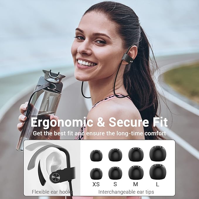 Bluetooth Headphones, Bluetooth 5.3 IPX7 Waterproof Wireless Sports Earbuds for Workout Gym, 16 Hrs Playtime Running Headphones with Noise Cancelling Mic, HiFi Bass Stereo in-Ear Earphones
