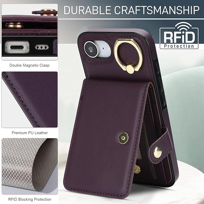 Compatible iPhone 16e Wallet Case with Card Holder RFID Blocking PU Leather Doubles as a Wallet Unisex Flip Shockproof Protection with Card Slots Ring Wrist Kickstand Function,Purple