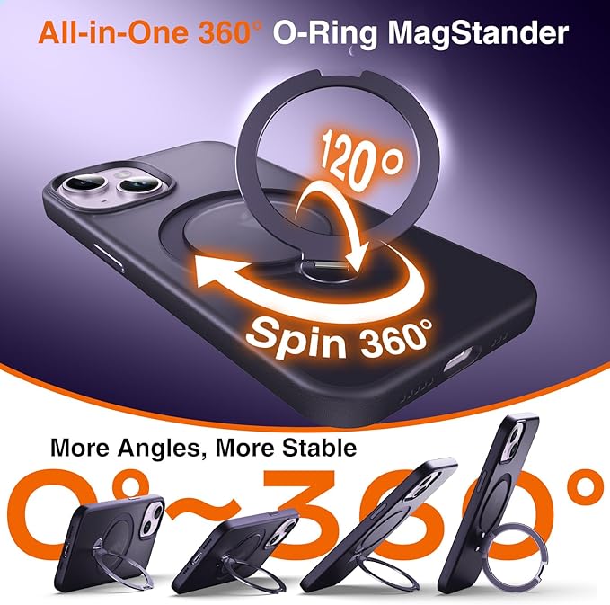 360° O-Ring MagStander for iPhone 13 Case, iPhone 14 Case with Magnetic Stand Ring Holder [Compatible with MagSafe][15FT Military Shockproof] Kickstand iPhone 13/14 Phone Cover Matte Purple