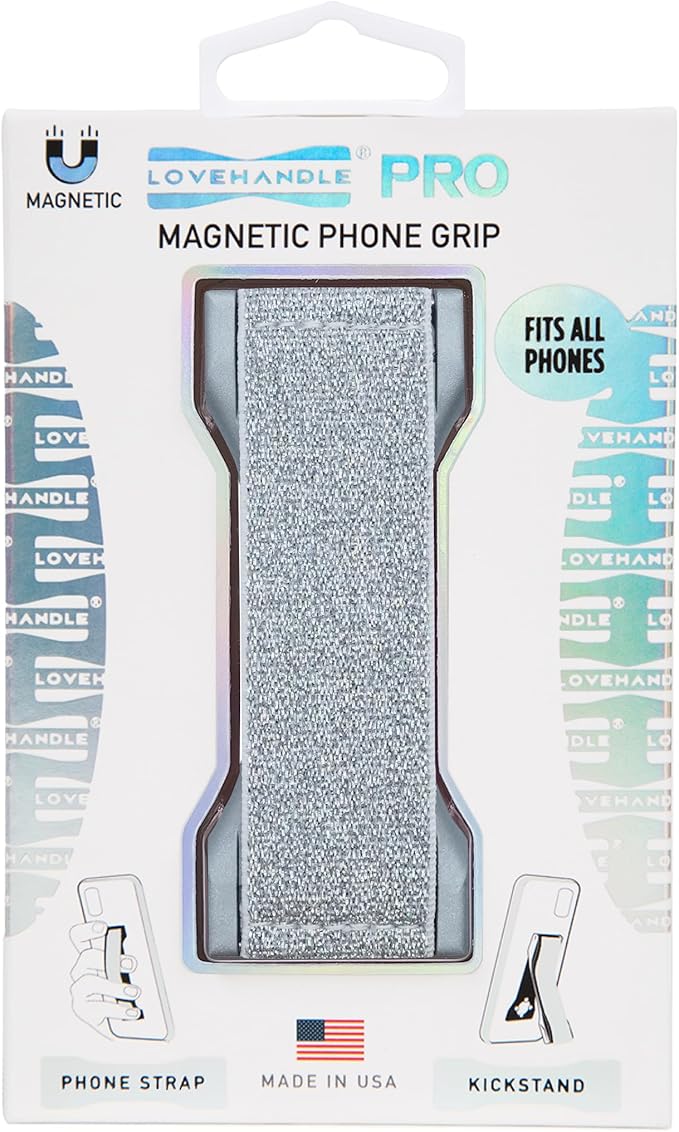 LOVEHANDLE PRO Premium Phone Grip - Elastic Phone Strap - Magnetic Phone Mount and Kickstand for Smartphone and Tablet - Silver Glitter