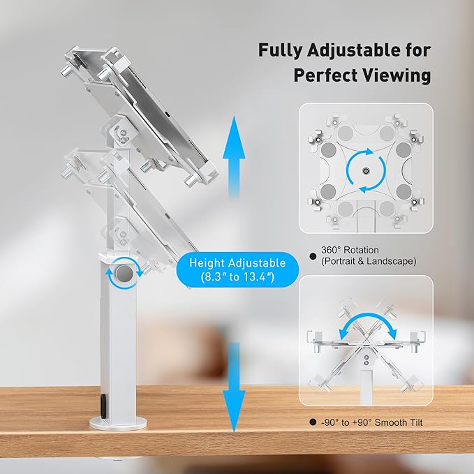 AboveTEK iPad Desk Grommet Mount, Adjustable Tablet Desk Mount with 360° Rotation & 180° Tilt, Fits 9.7"-13" Tablets, Anti-Theft iPad Stand, Heavy-Duty Aluminum Tablet Stand, Perfect for Work (Silver)