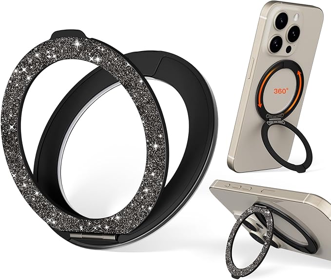 COOLQO Upgraded Magnetic Phone Ring Holder Stand, Super Magnet Cell Phone Grip Finger Kickstand Compatible with MagSafe Mag Safe Accessory for iPhone All Smartphones (1-Glitter Black)