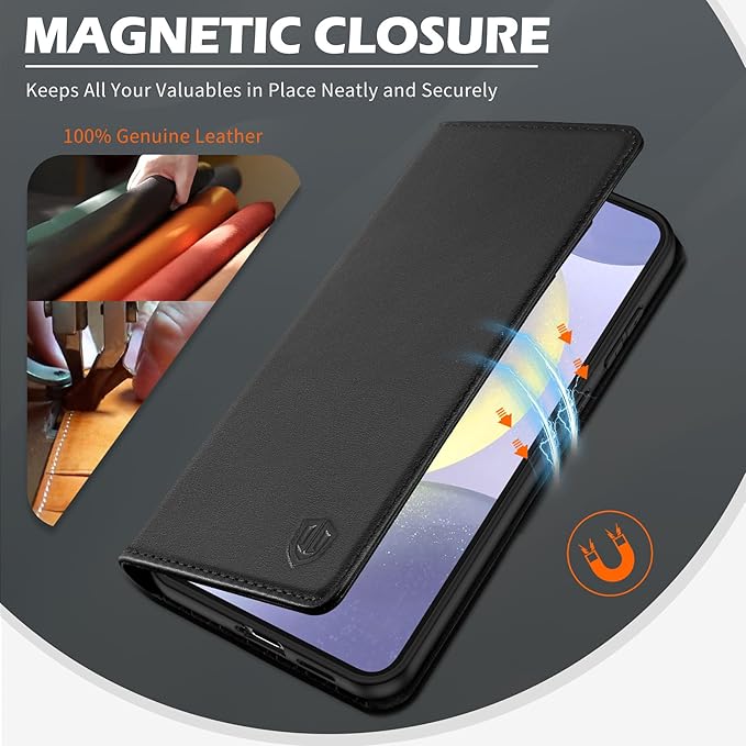 SHIELDON Case for Galaxy S25+ Plus 6.7", Genuine Leather Folio Wallet Case with Kickstand RFID Blocking Card Holder Magnetic Full Protection Phone Cover Compatible with Galaxy S25+ 2025 - Nappa Black