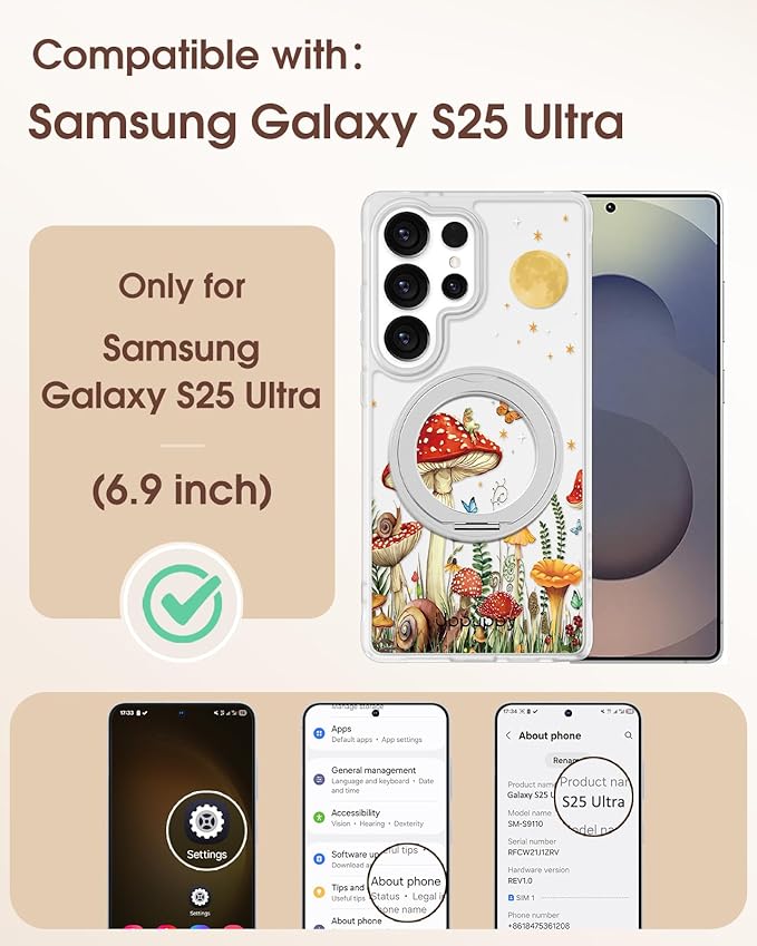 for Samsung Galaxy S25 Ultra Case with 360° Rotatable Magnetic Ring - Compatible with MagSafe, Semi-Transparent Soft-Touch Material Shockproof, Cute Mushroom & Butterfly Design for Women Girl