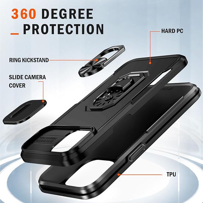 Case for iPhone 14 Phone Case with Slide Camera Cover, with Finger Ring Holder Stand, fit Magnetic Car Mount, for iPhone 14 - Black