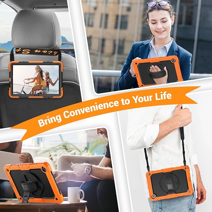 SEYMAC Case for Samsung Galaxy Tab A9+/ A9 Plus 11" (SM-X210/X216/X218), Heavy Duty Shockproof Protective Case with Screen Protector, Rotating Stand, Hand/Shoulder Strap, Orange