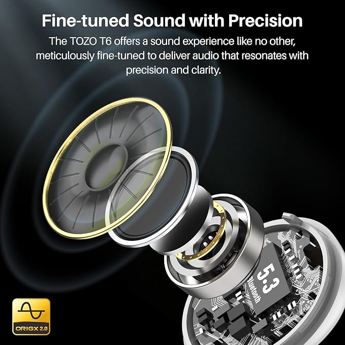 TOZO T6 Wireless Earbuds, IPX8 Waterproof Ear Buds, Stereo Bass Sound Bluetooth 5.3 Headphones in Ear, 50 Hours Playtime Earphones, Wireless Charging Case, Custom 32 EQ via APP