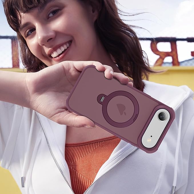 Compatible with iPhone 17 Air Case with Invisible Magnetic 360°Spin Stand,Military-Grade Shockproof Protection [Compatible with Mag-Safe] Non-Slip Edge Translucent Case (6.5",Wine Red)