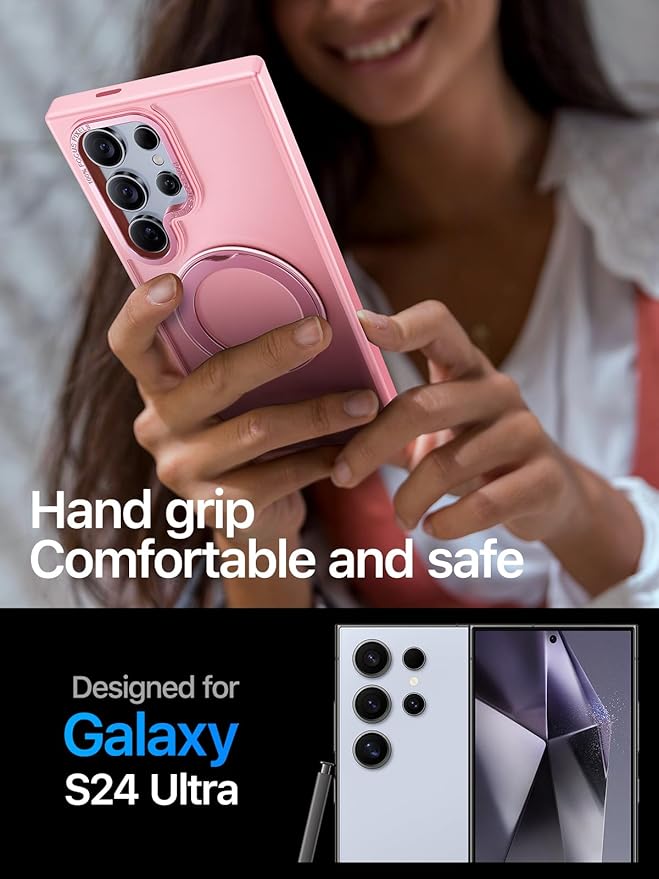 QTlier for Samsung Galaxy S24 Ultra - 360 Rotatable Magnetic Ring Stand Case, Military-Grade Protection, Raised Camera Frame, Pink