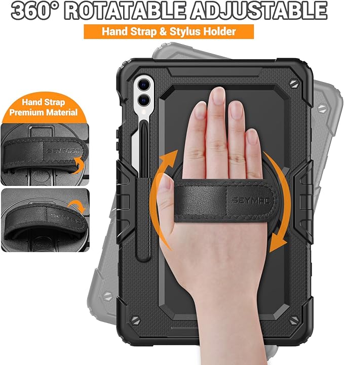 SEYMAC Case for Samsung Galaxy Tab S10+ Plus 2024/ S9 FE+ Plus/ S9+ Plus 12.4" 2023, Heavy Duty Shockproof Protective Case with Screen Protector, Stand, Hand/Shoulder Strap and Pen Holder, Black