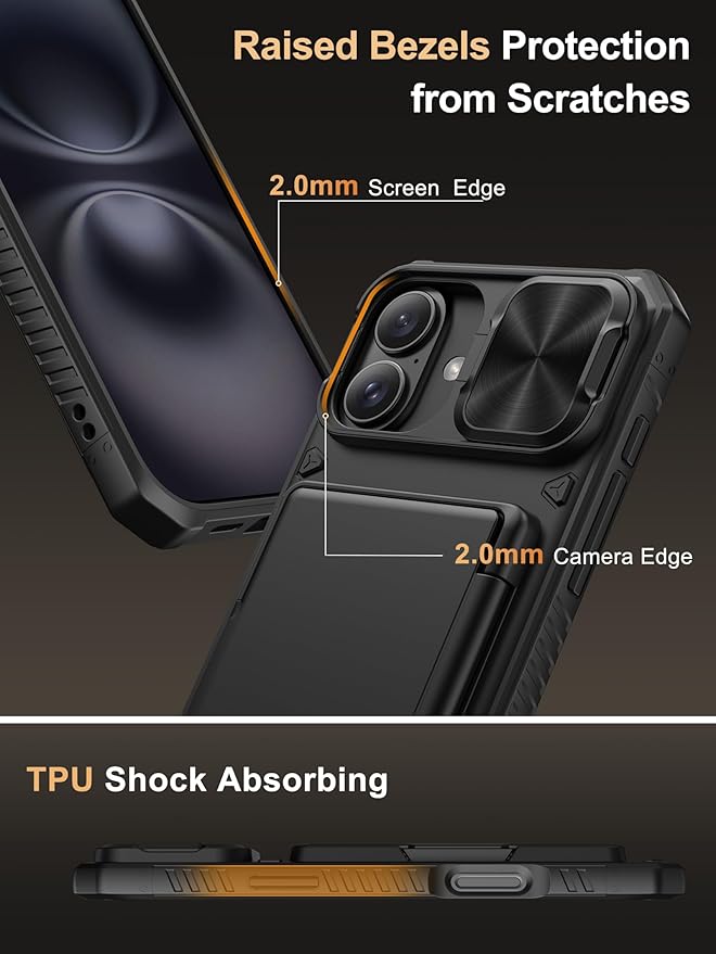 Vihibii for iPhone 16 Plus Case with [2X Screen Protector], Built-in Card Holder (4 Cards), [RFID Blocking] & Slide Camera Cover & Tempered Glass Films, Rugged Wallet Case for 16 Plus 6.7" 2024, Black