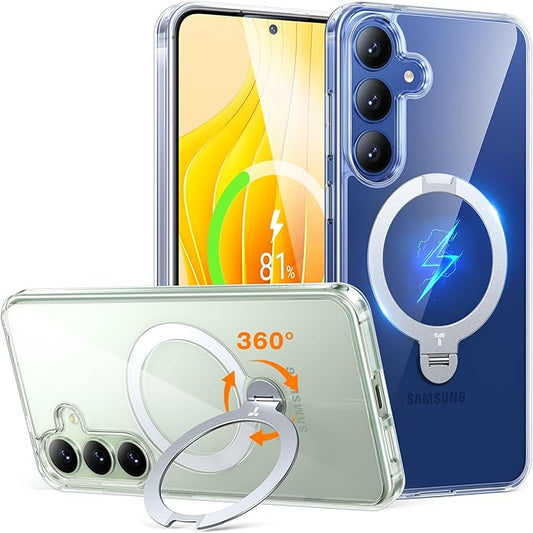 TORRAS 360° Spin for Samsung Galaxy S25 Case with Stand, Fit for MagSafe, 3X Military Grade Protective, Rotatable Kickstand for Samsung S25 Case, Magnetic Ring Slim Hard Cover, Crystal Clear 6.2''
