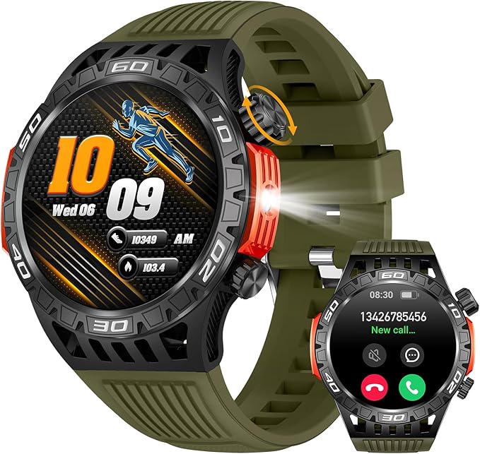 Military Smart Watch with LED Flashlight, Compass, SOS, Rugged Tactical Bluetooth Answer/Dial Calls, Heart Rate Blood Pressure Sleep Monitor Compatible for Android and iOS, Green