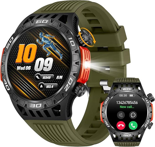 Military Smart Watch with LED Flashlight, Compass, SOS, Rugged Tactical Bluetooth Answer/Dial Calls, Heart Rate Blood Pressure Sleep Monitor Compatible for Android and iOS, Green