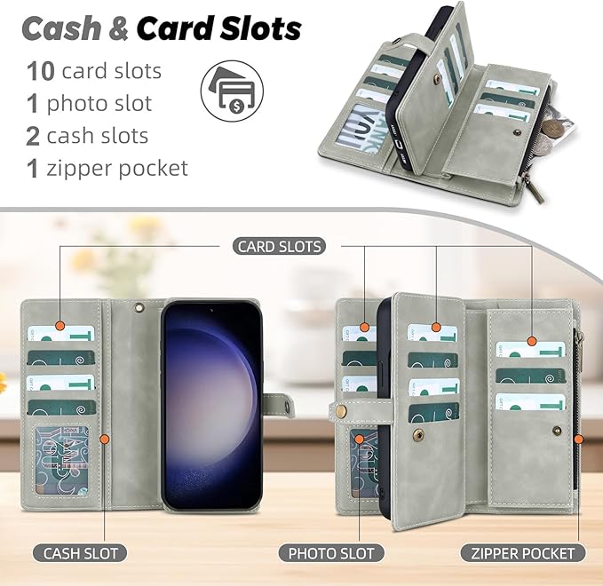 TwoHead for Samsung Galaxy S23 Wallet Case with Card Holder & Detachable Magnetic Phone Case for Galaxy S23,PU Leather Shockproof Protective Phone Cover Wallet with Wrist Strap(6.1 in,Gray)