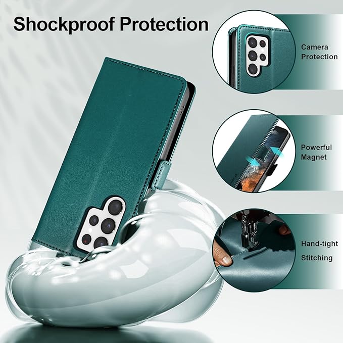 Wallet Flip Case for Samsung Galaxy S22 Ultra 5G - [RFID Blocking] Luxury PU Leather Card Holder Magnetic Phone Cover with Kickstand,Shockproof Protective Case,Green