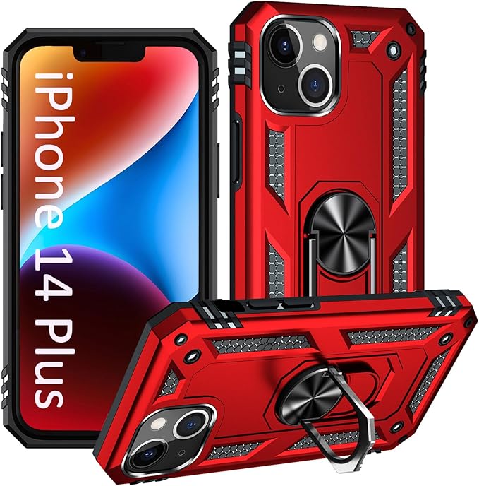 ADDIT Phone Case for iPhone 14 Plus Case,with Kickstand Ring,Adjustable Stand,Military Grade,Heavy Duty Protection,Shockproof,Anti-Fingerprint,Support Magnet Car Mount,Red