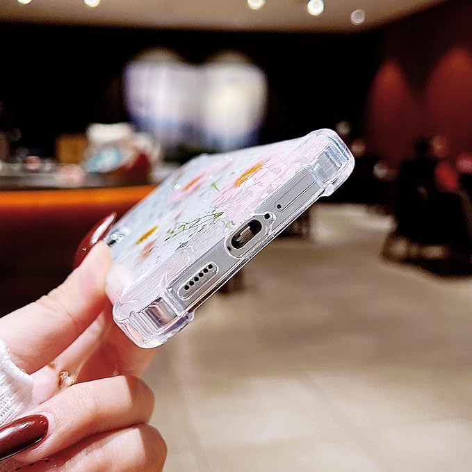 Compatible with Samsung Galaxy S25 Plus Case Cute Pressed Dried Real Flowers Women Girly Shockproof Glitter Floral Clear Phone Cover for Galaxy S25+ (Pink Flower)