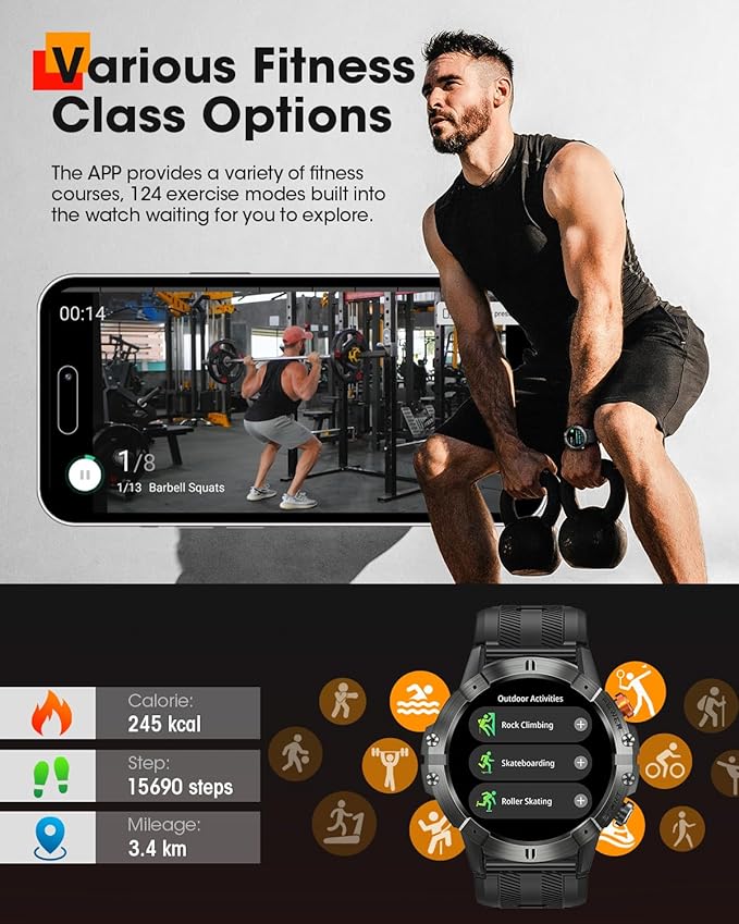 Smart Watches for Men, Bluetooth Call Military Smart Watch, Waterproof Fitness Tracker with Heart Rate/Blood Oxygen/Sleep Monitor/124 Sports Modes, Tactical Watch for Android Phones & iPhone (Black)