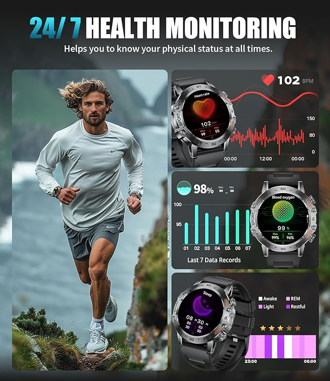 Military Smart Watch for Men(Answer/Dial Calls),1.45'' AMOLED/100 Sports Modes, 5ATM Waterproof Fitness Watch with Heart Rate/SpO2/Sleep Tracker for Android and iOS,530MAH Smartwatch Black Steel