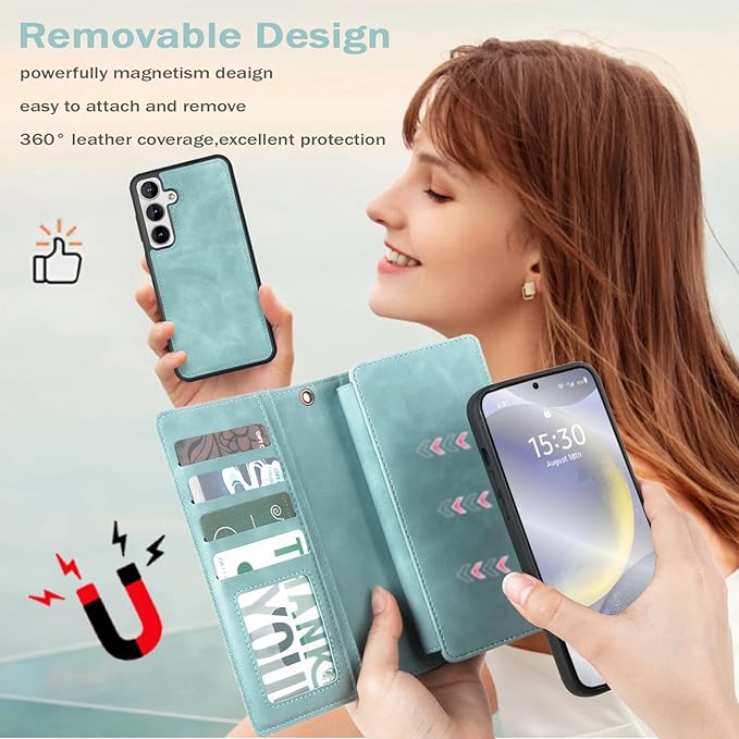 TwoHead Wallet Case Compatible with Samsung Galaxy S24 Plus Blue | Card Holder, Detachable, Magnetic, PU Leather, All-Round Protective, Phone Case Wallet, Wrist Strap