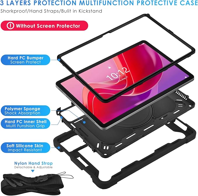 DETUOSI Case Compatible with Lenovo Tab M11/ K11 LTE 11 inch (TB-330FU/330XU), Full-Body Shockproof Protective Case with Shoulder Strap, 360 Rotating Stand Case for Lenovo Tab M11, Black