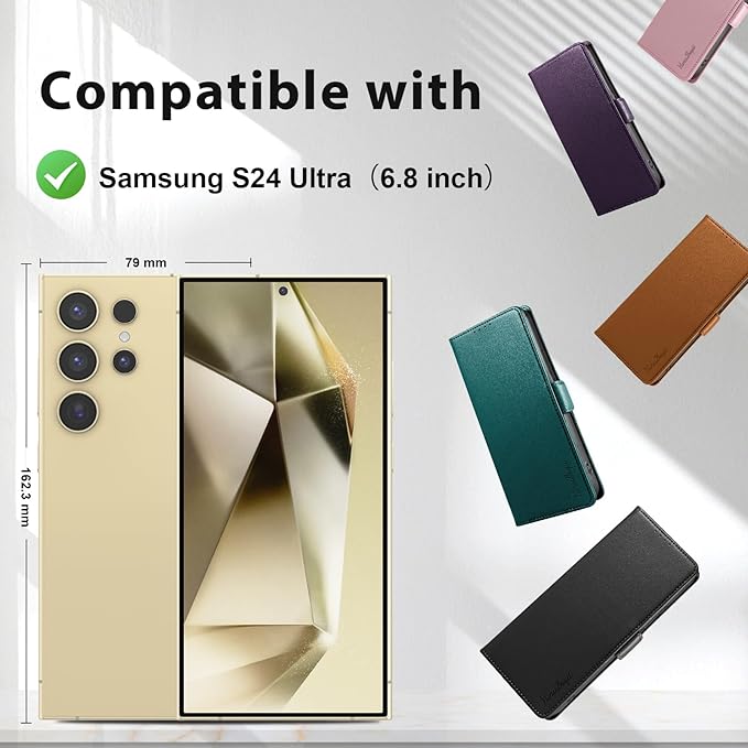 Wallet Flip Case for Samsung Galaxy S24 Ultra 5G - [RFID Blocking] Luxury PU Leather Card Holder Magnetic Phone Cover with Kickstand,Shockproof Protective Case,Green