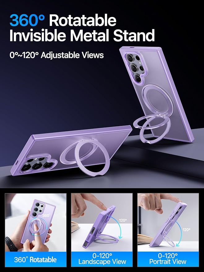 QTlier Phone case for Galaxy S24 Ultra- 360 Rotatable Magnetic Ring Stand, Military-Grade Protection, Raised Camera Frame Lilac