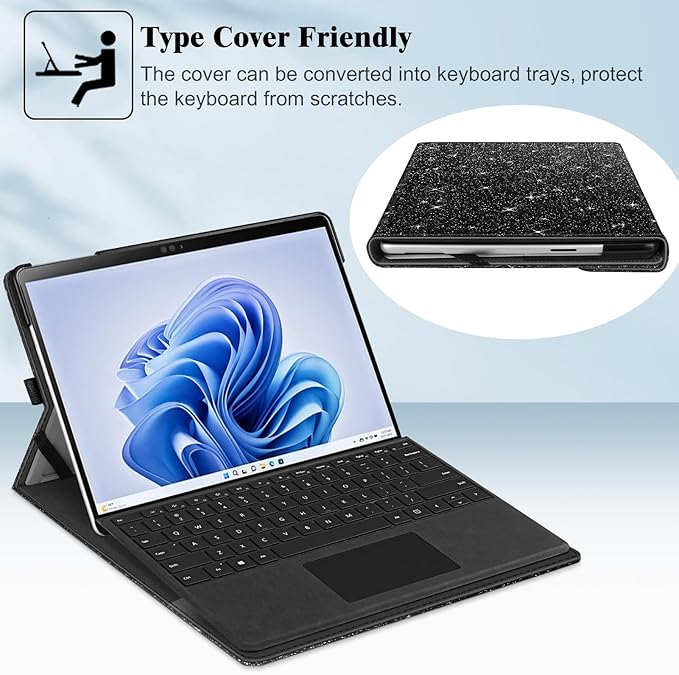 Fintie Case for 13 Inch Microsoft Surface Pro 11/10/9 - Multiple Angle Viewing Portfolio Business Cover with Pocket & Stylus Holder, Compatible with Type Cover Keyboard (Glitter Black)