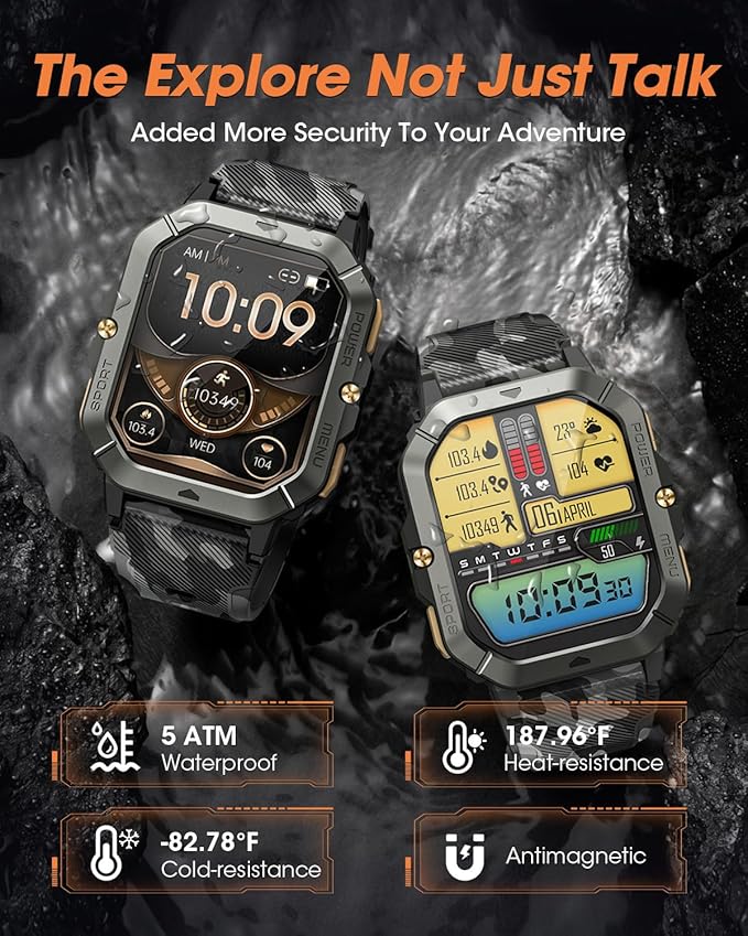 Military Smart Watches for Men (Answer/Make Calls), Watches for Men with Blood Pressure/Heart Rate/Sleep/100+ Sport Modes, 2.02'' Fitness Smart Watch, Waterproof Fitness Tracker for Android and iPhone