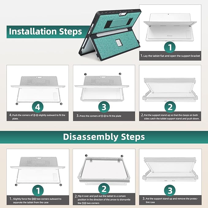Case fit Microsoft Surface Pro 11/10/9/8 13-Inch, with Stent Cover, Hand Strap, All-in-one Rugged Case Compatible with Type Cover Keyboards, Cyan