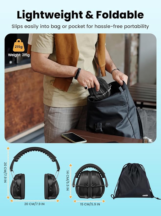 Dr.meter Hearing Protection Ear Muffs, 31dB Noise Reduction Safety Earmuffs with Adjustable Headband for Adults Kids Autism Sensory, Ear Muff for Yard Work, Mowing or Hunting -Pure Black