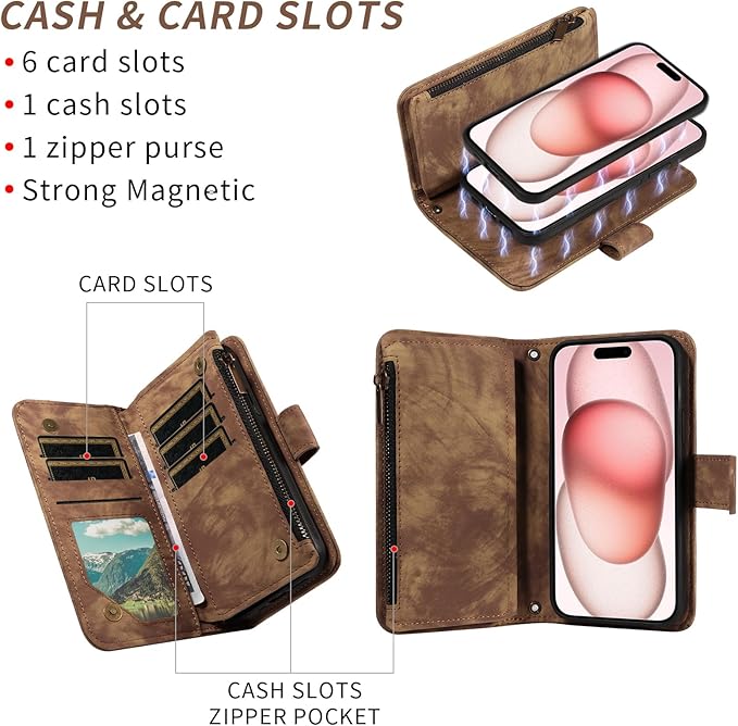 Asuwish Phone Case for iPhone 15 6.1 inch Zipper Wallet Magnetic Cell Cover with Tempered Glass Screen Protector Crossbody Strap Flip Credit Card Holder iPhone15 5G i i-Phone i15 15Case Women Brown