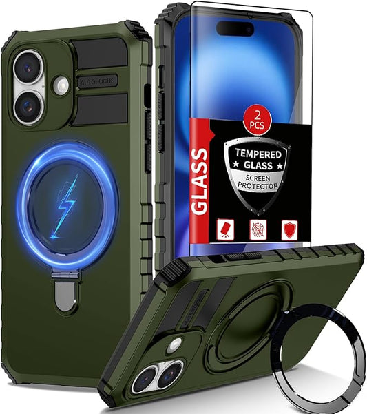 for iPhone 16 Plus Case Magnetic Compatible with MagSafe Wireless Charging,with 2 Screen Protector,with Kickstand Ring Shockproof Shock-Absorbent Heavy Duty Protection Scratch Resistant Green