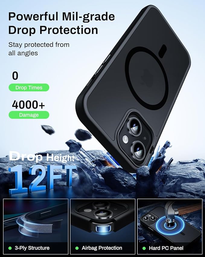 Magnetic for iPhone 13 Case & iPhone 14 Case, Compatible with MagSafe, Military Grade Drop Protection, Slim Fit Shockproof Anti-Fingerprint Translucent Matte Phone Protective Cover, Black