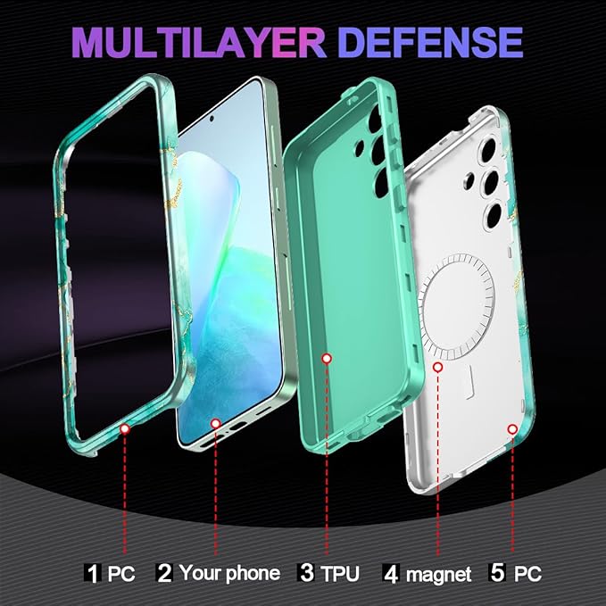 Casetego for Galaxy S24 Case,Compatible with MagSafe,[Military Grade Drop Test] Full Body Protection Slim Shockproof Rugged Marble Women Case for Samsung Galaxy S24 6.2 inch,Turquoise